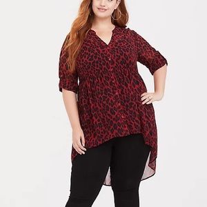 Torrid Red chiffon leopard print Hi-lo shirt dress